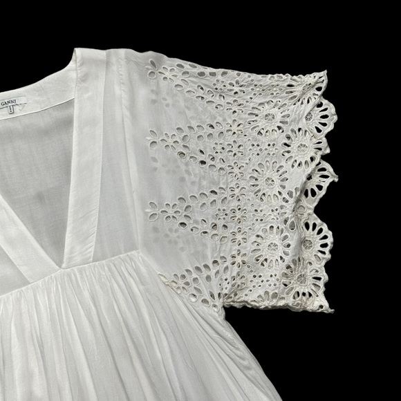 Ganni Ivory White Eyelet Trimmed V Neck Mini Dress US S - Picture 4 of 13